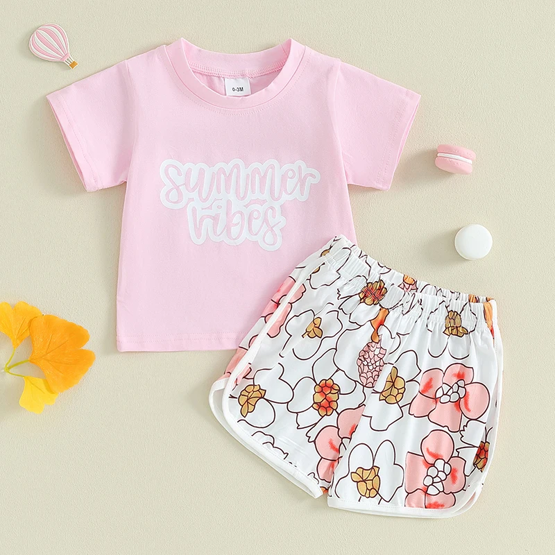 

Listenwind Baby Girls 2 Piece Outfit Letter Print Short Sleeve T-Shirt and Elastic Floral Shorts Set Summer Clothes