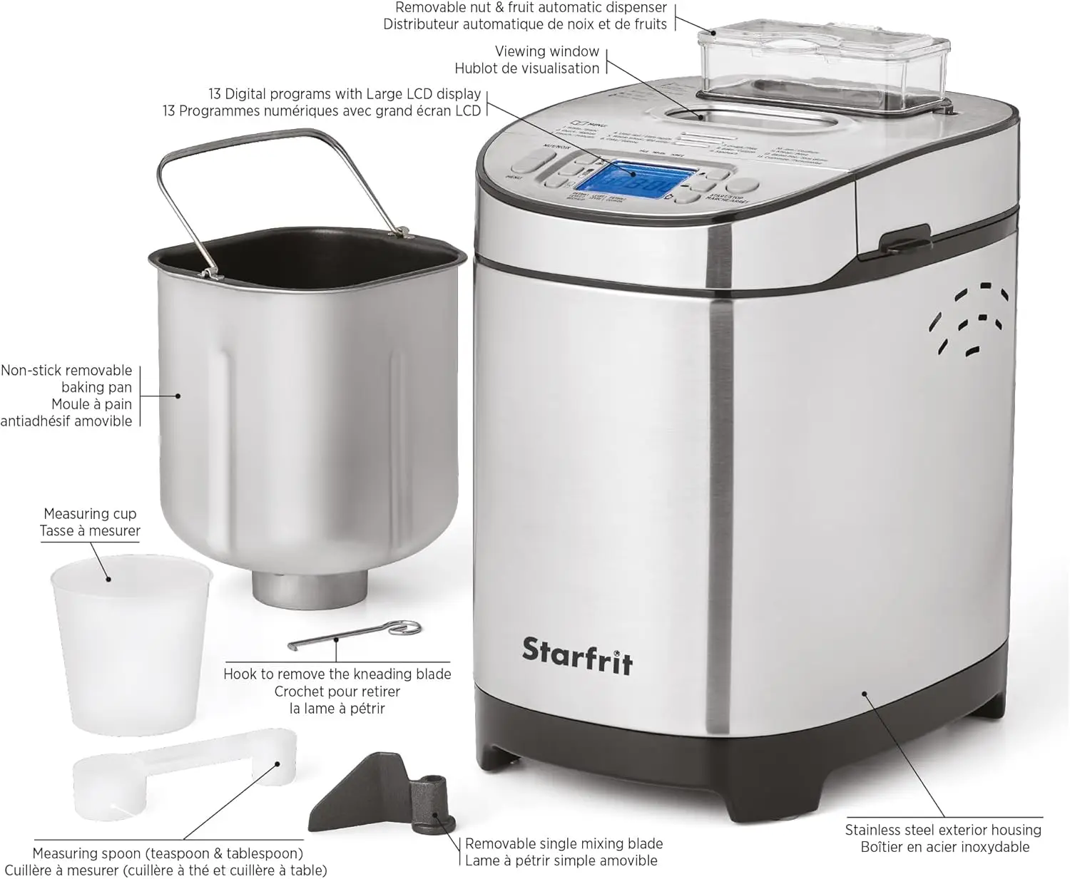 Electric Bread Maker - 2lb Loafs  Non Stick Removable Pan  Automatic Nut Dispenser 13 Preset Programs - 550W 3
