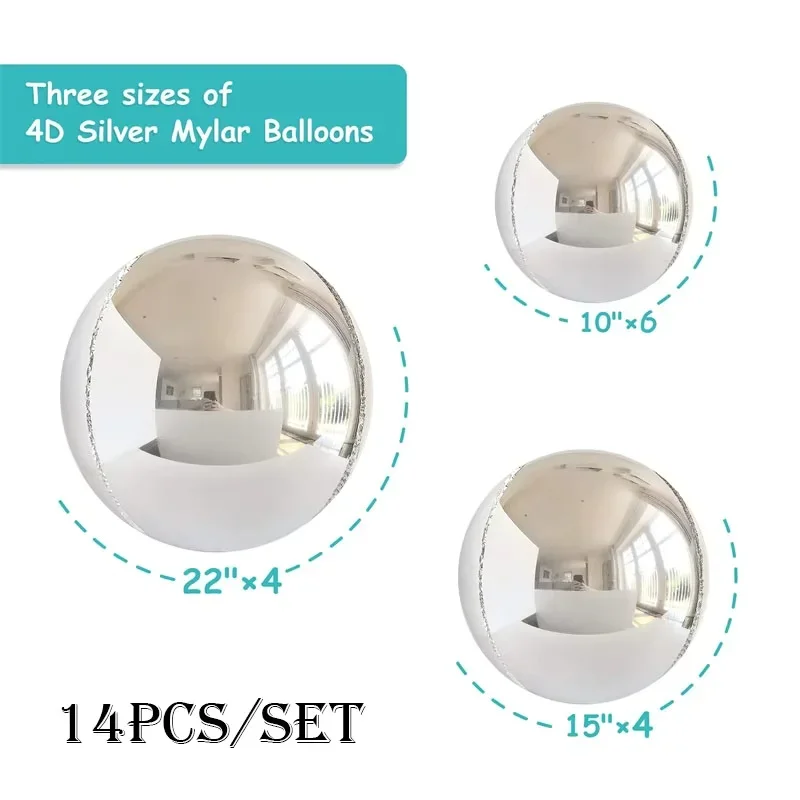 Metallic Mylar Party Balloons 14pcs 22/15/10in Silver Chrome 4D Balloons Holographic Decor for VIP Events Photo Studio Props