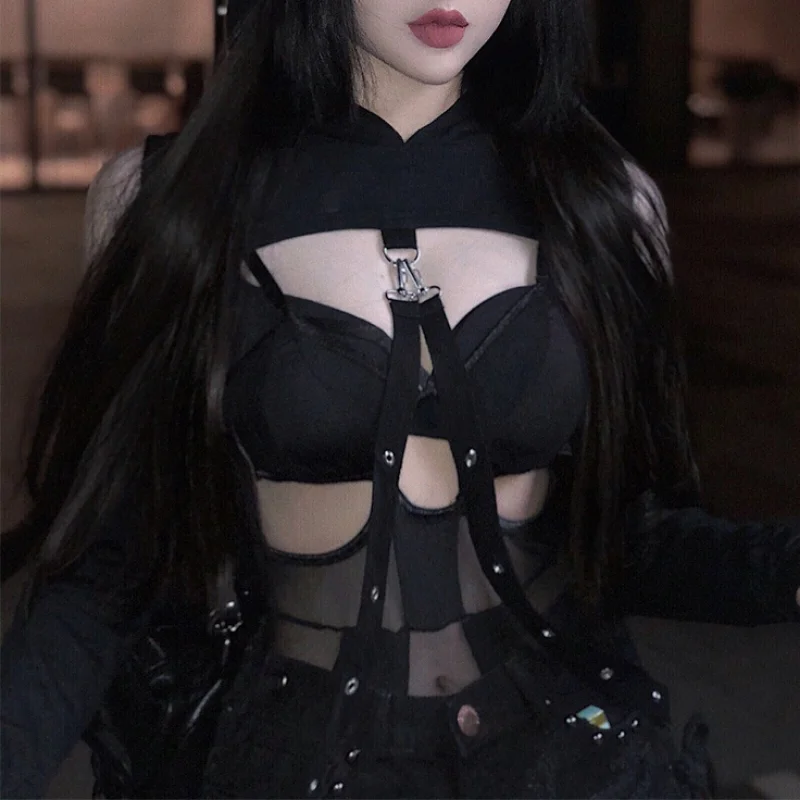 

Women Streetwear Gothic Sexy Hollow Out Black Hoodies Harajuku Punk Long Sleeve Crop Hoodies Women Hip Hop Belt Autumn Hoodies