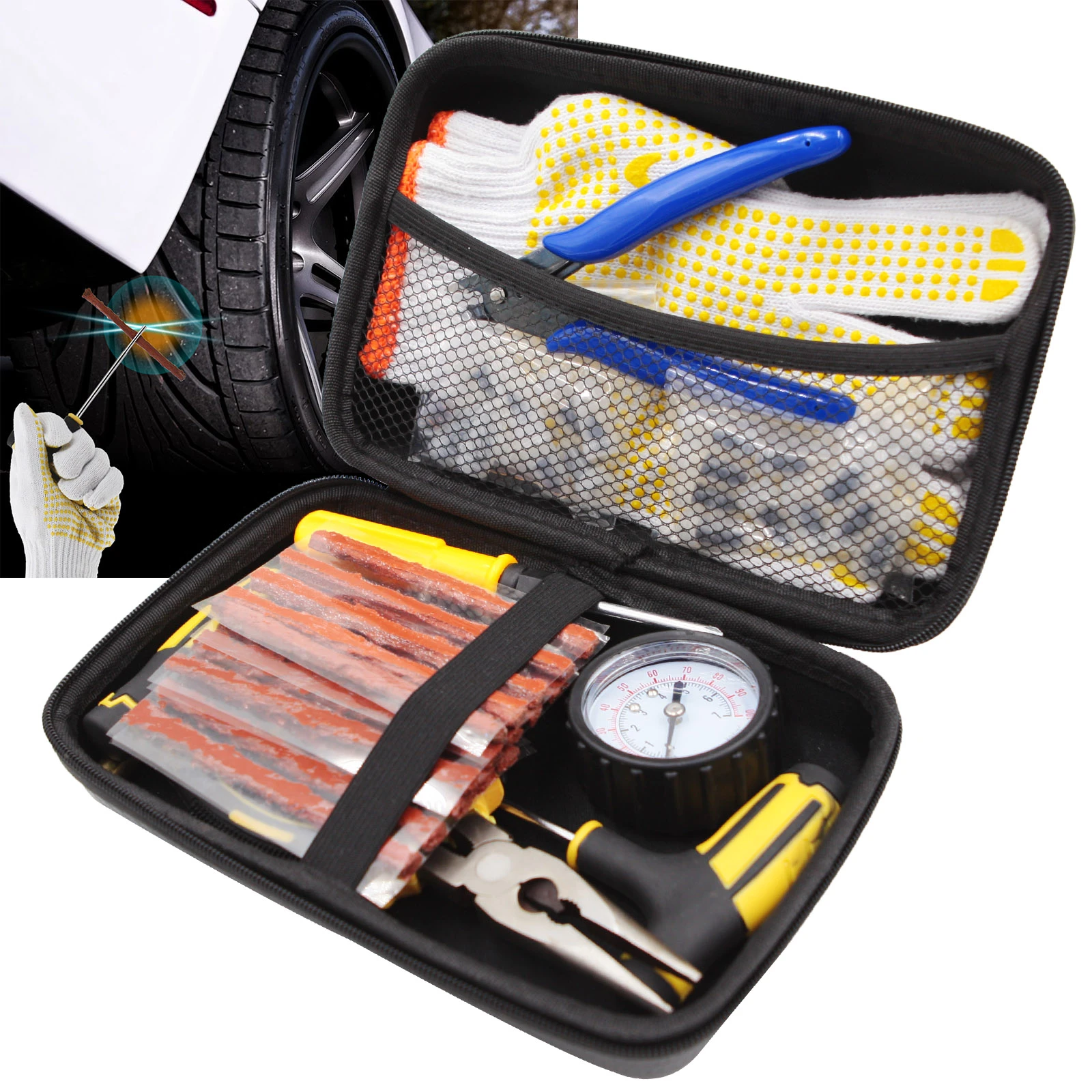 Car Tire Repair Tool Kit with EVA Storage Case Tire Plug Kit Studding Tool Set Heavy Duty Flat