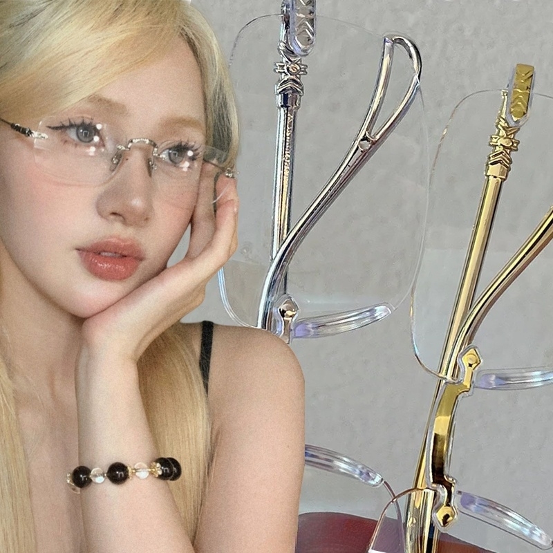 Fashion Eyeglasses Frameless for Women Men Silver Rectangle Glasses Anti Blue Light Small Square Sunglasses with Metal Frame