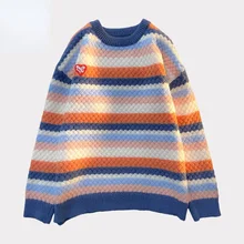 

Autumn and winter Japanese striped sweater women's loose lazy wind retro soft waxy sweater design