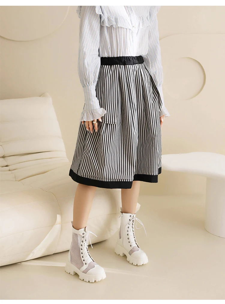 Mesh Panel Lacquer Leather Cutout Breathable Short Boots Flat Heel Thick Sole Lace Up Mesh Boots Zipper Elevated Shoes