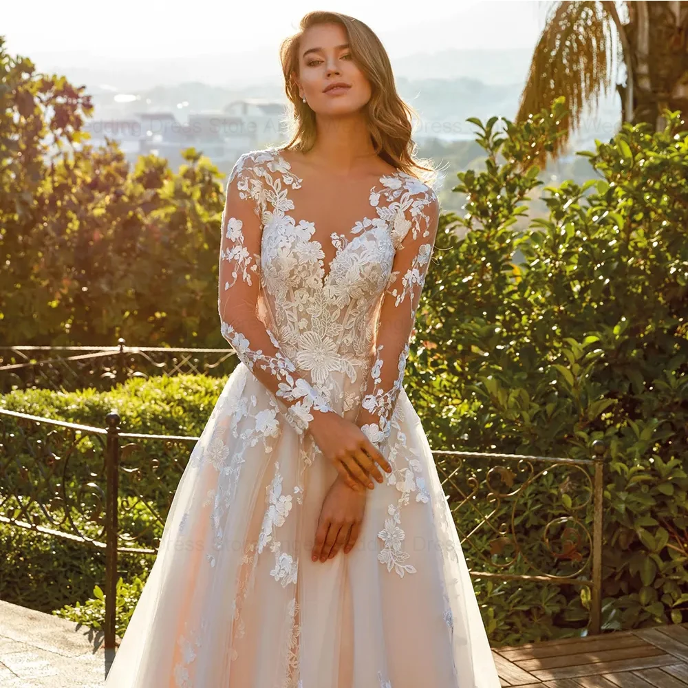 ANGEL Elegant Lace A-line Wedding Dresses Customized Long Sleeves Bride Gowns Applique O-Neck Button Tulle robe de mariée 4