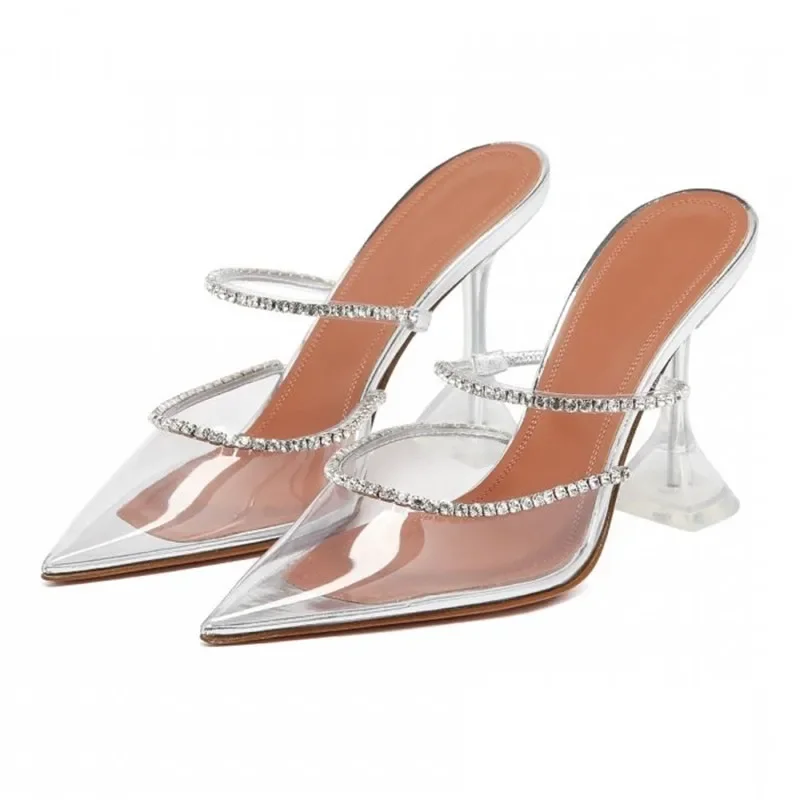 

2023 Rhinestones satin Women Pumps Slippers Elegant Pointed toe High heels Lady Mules Sildes Summer Fashion Party prom Shoes