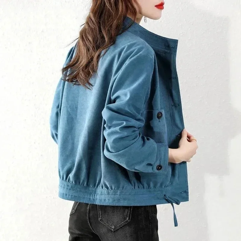 

Stand-Up Collar Corduroy Jacket 2024 Spring Fashion Sashes Blue Veste Femme New Office Lady Single-Breasted Cropped Coat I151