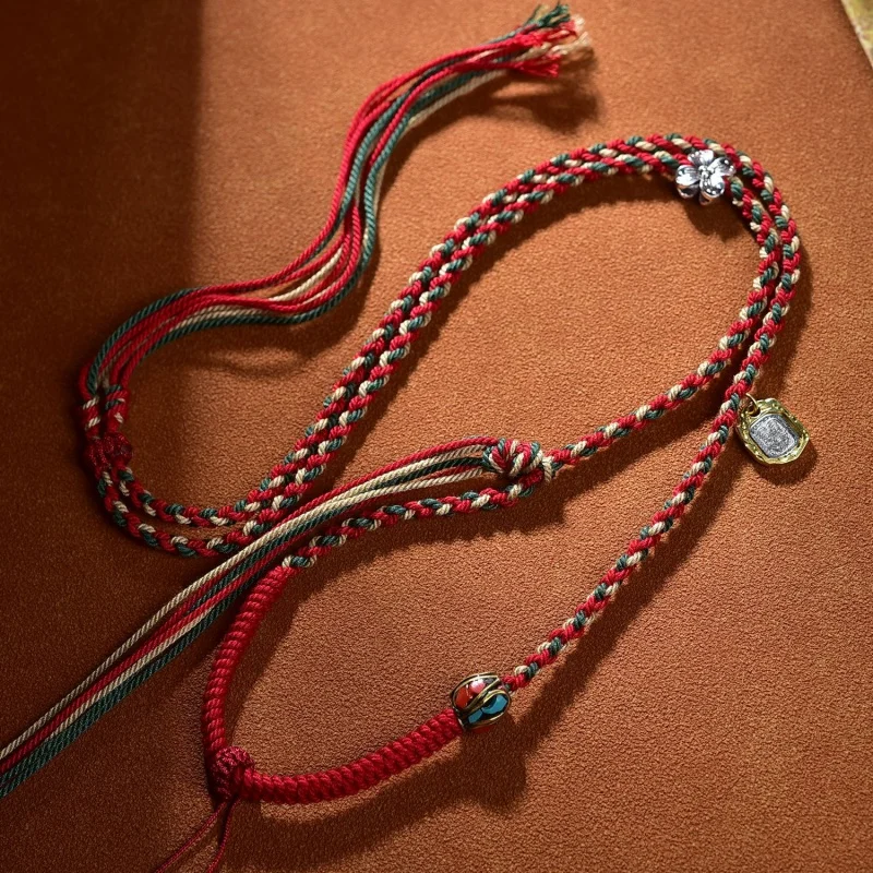 티베트 스타일 수제 면사 목걸이 로프, Thangka 부적, 고급 랜야드 밀랍 펜던트 로프 Ethn
