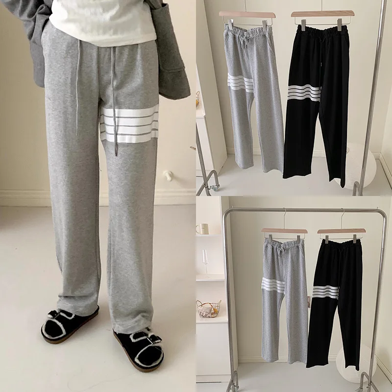 Simple Fashion Straight Leg Pants High Waisted Loose Fitting Korean Elegant Preppy Style Striped Design Knitted Women's Trouser