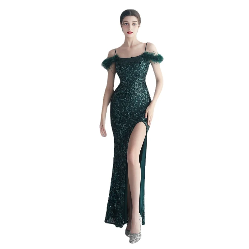 

Women's Feathers Embellished Long Slit Sexy Slip Dresses
