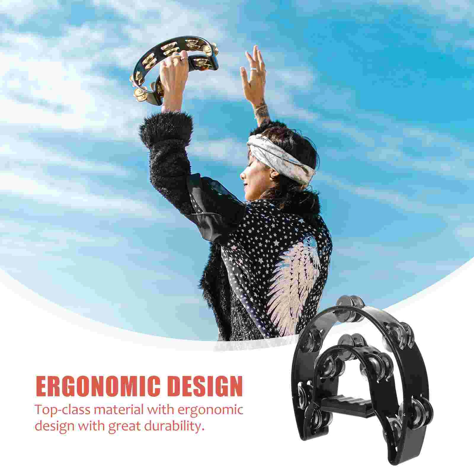 Double Row Tambourine Half Moon Metal Musical Jingles Tambourine Hand Held (Black) moon tambourine percussion tambourine