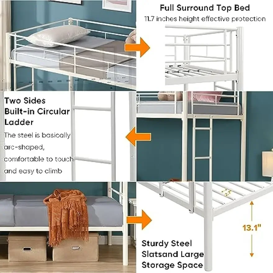 Twin Over Twin Size Bunk Bed,Metal Structure Bedframe with Safety Guardrails and 2 ladders,Convertible Bunkbeds,No Spring Box 5