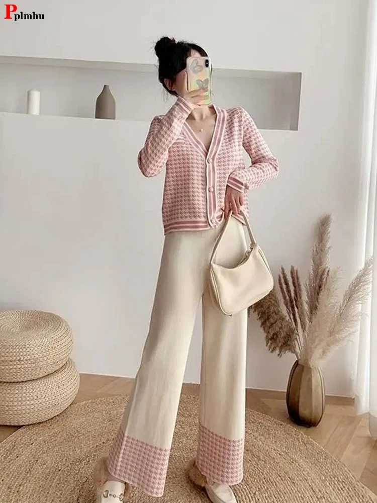 

Spring Fall Soft 2 Piece Sets Plaid Cardigan Outfit High Waist Ankle Length Baggy Wide Leg Pant Suits Print Knit Tracksuit