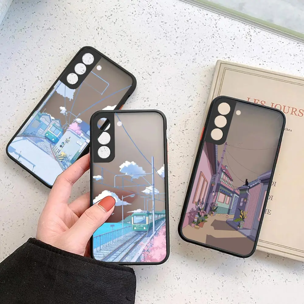 Paesaggio Di Casa Dipinto A Mano Giapponese Cqoue Opaco Per Samsung S23 Ultra Case Galaxy S20 S21 S22 Fe Ultra S10 Lite S8 S9 Plus Cover