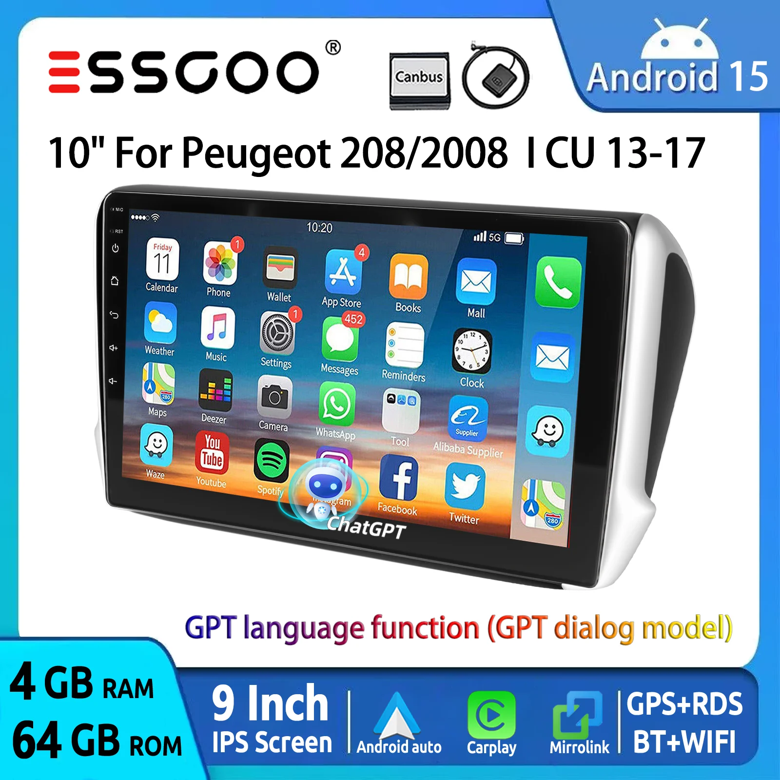 ESSGOO Android 15 10" Car Radio Multimedia Player For Peugeot 208/ Carplay Android Auto GPS NAVI AI Voice ChatGPT RDS