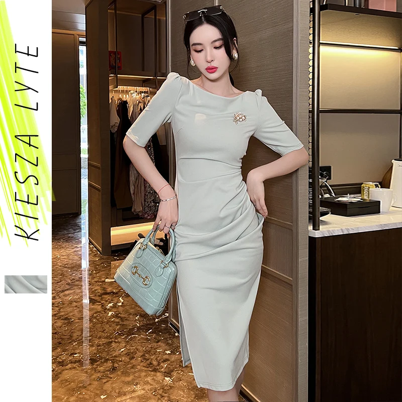 

Elegant French Short Sleeve Slim Dress Office Lady High Waist Midi Dresses Summer Clothes for Women Robe Femme