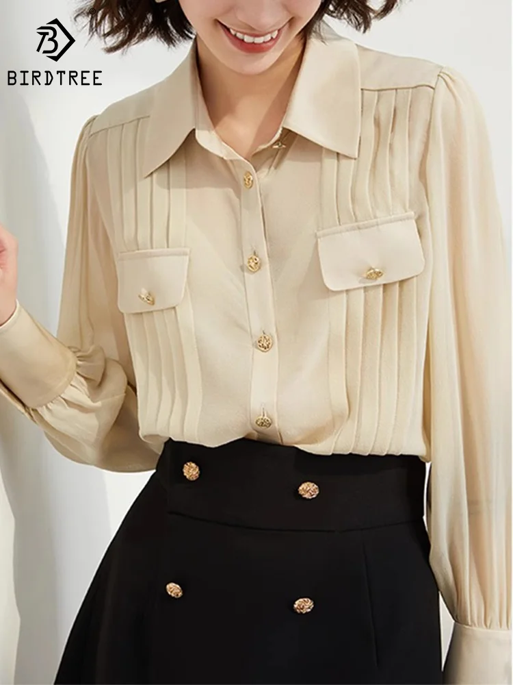 

Birdtree Heavyweight 100% Silk Shirt Women's Long Sleeve Spring/Summer 2023 New French Vintage Silk Top OL Blouse T38680QM