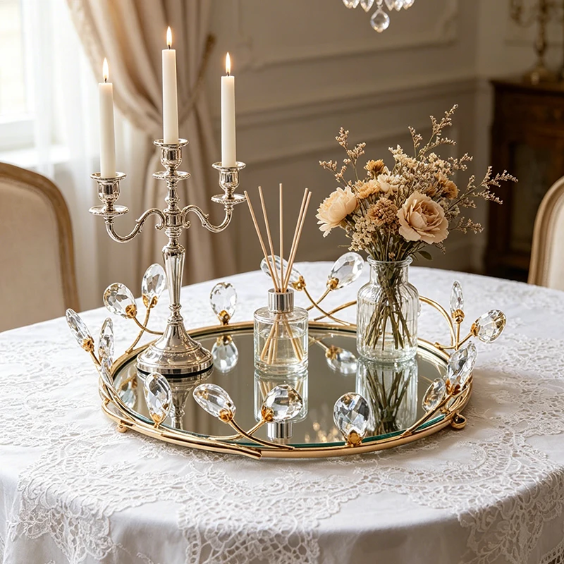 Vassoio Decorativo di Lusso con Superficie a Specchio, Vassoio Vintage per Cosmetici e Gioielli, Vassoio Creativo per Candele da Scrivania - immagine 4