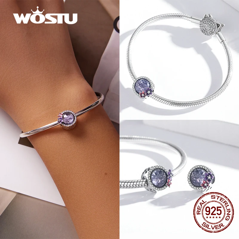 WOSTU 100% Real 925 Sterling Silver Pink Blue Colorful Crystal Radiant Round Charm Beaded Fit Original DIY Bracelet Jewelry Gift 2