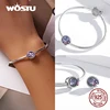 WOSTU 100% Real 925 Sterling Silver Pink Blue Colorful Crystal Radiant Round Charm Beaded Fit Original DIY Bracelet Jewelry Gift 2