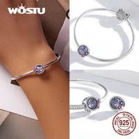 WOSTU 100% Real 925 Sterling Silver Pink Blue Colorful Crystal Radiant Round Charm Beaded Fit Original DIY Bracelet Jewelry Gift 2