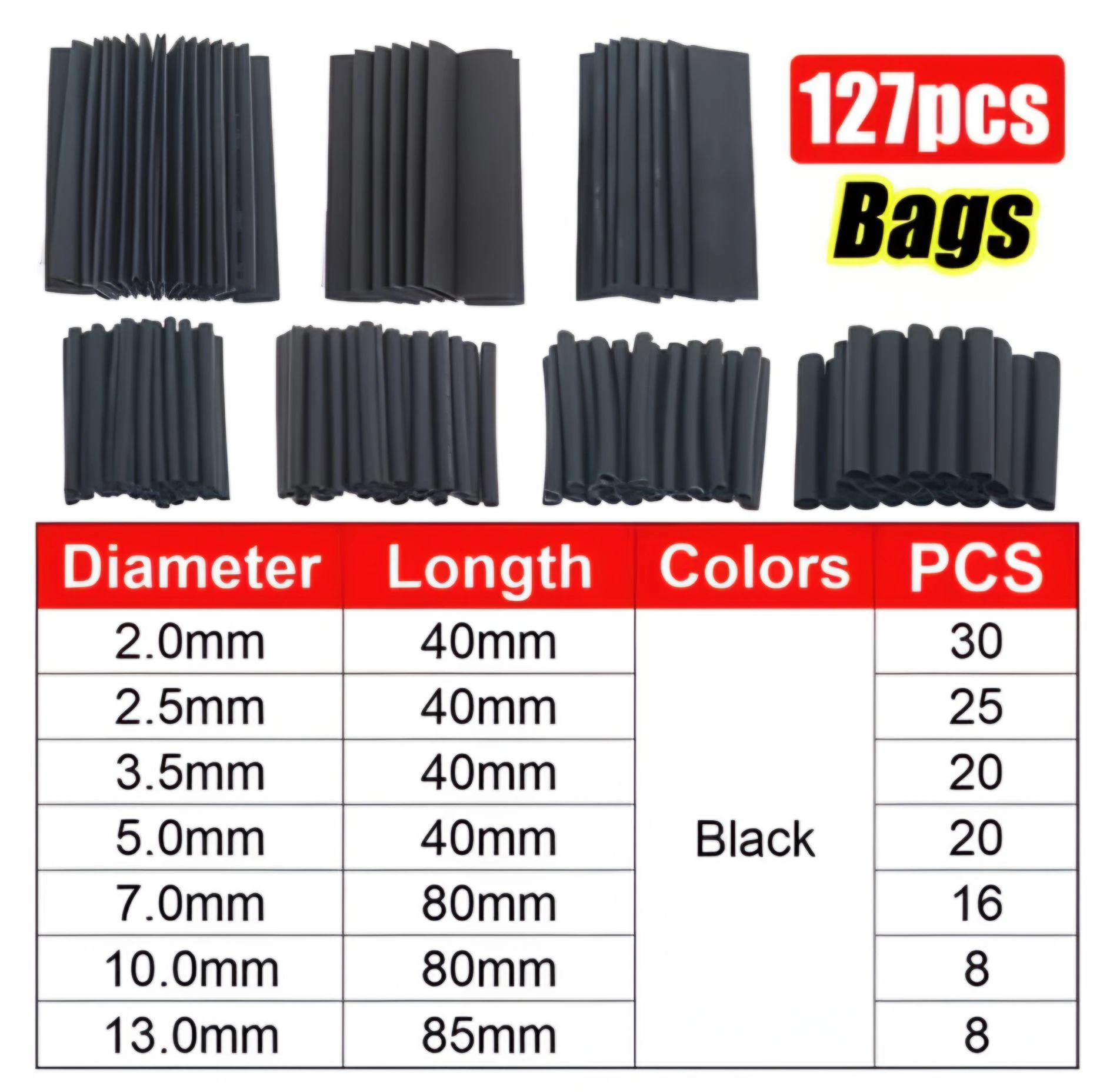 ערכת צינורות עמידה בחום שחורה להקטנת חוטים, צינורות עמידה בחום, צינורות עמידה בחום לחיבור חשמלי, כיסויים לבידוד כבלים