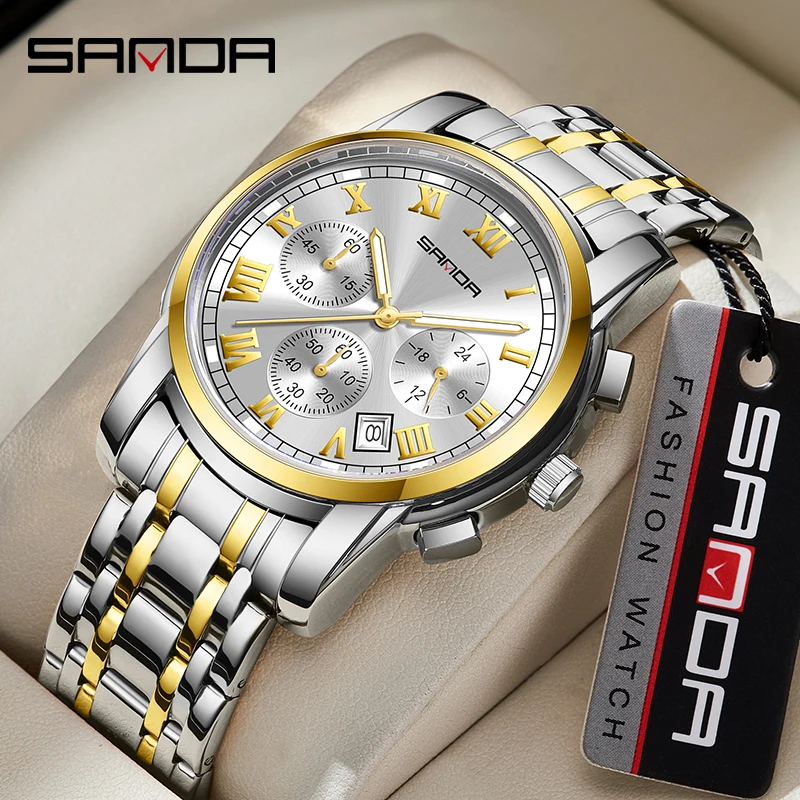 SANDA Quartz Watch Mens Watches Top Brand Fashion Multifunctional Three Eye Dial Design Waterproof Watch Steel Band Reloj Hombre