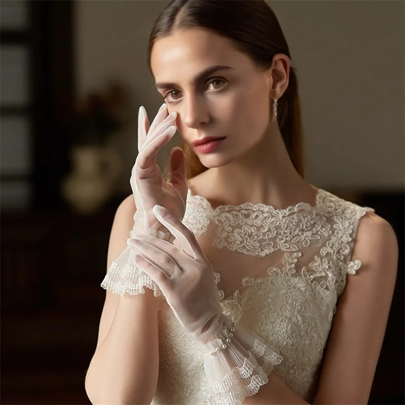 Elegant Lace Fingerless Bridal Gloves with Pearls