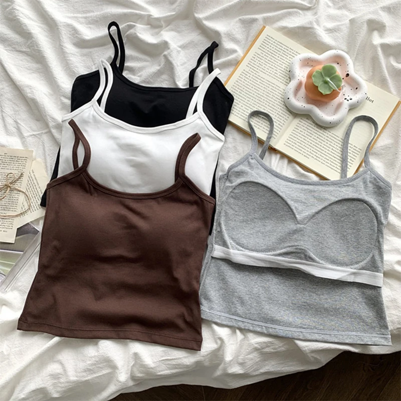 Korean Women's Solid Color Spaghetti Straps Sleeveless Slim Camisole with Chest Pad Wear Base Layer Outdoor Wear 1