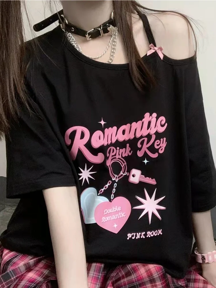 

QWEEK Harajuku Y2k Egirl T Shirt Women Korean Style Love Heart Print Gothic Off Shoulder Tee Punk Graphic Top 2023 New In