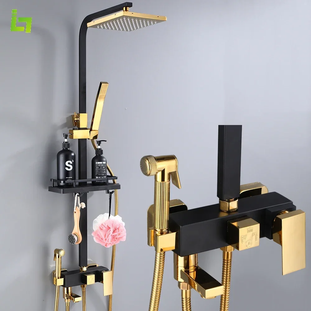 Bathroom Shower Faucet Set Black Gold Rainfall Metal 4-way with Bidet and Shelf