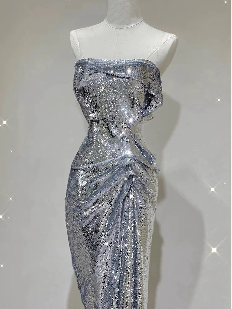 Silver Shiny Cocktail Dresses Strapless Ruched Sleeveless Mermaid Sequins Light Luxury Red Carpet Woman Evening Prom Party Gowns