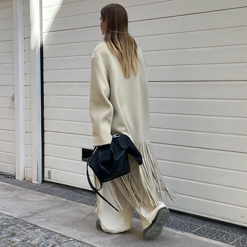 Abrigo largo de lana con borlas para mujer, chaqueta holgada de manga larga con solapa y botonadura sencilla, color marrón, primavera 2025