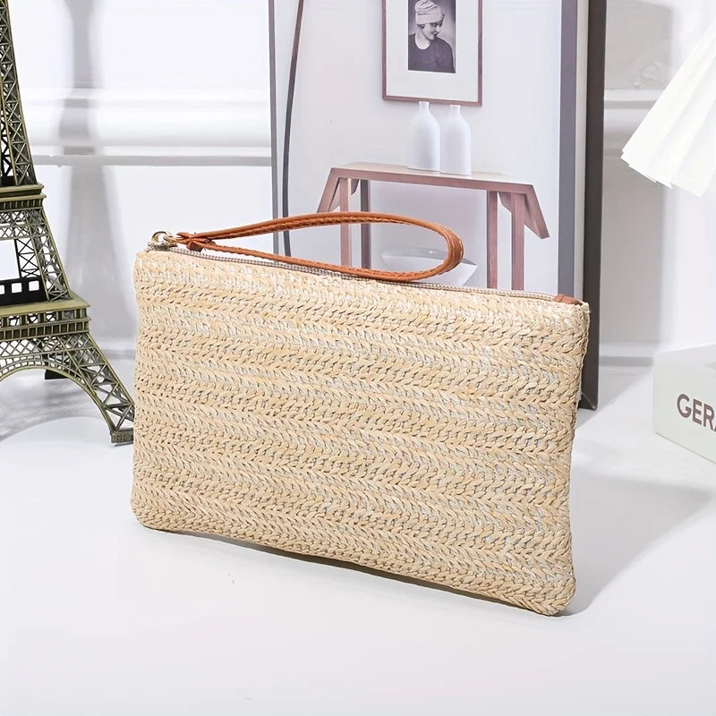 Natural Straw Woven Clutch Bag for Women Purse Wallet with Zipper Closure, Perfect for Parties, Festivals, Gift, Everyday Use