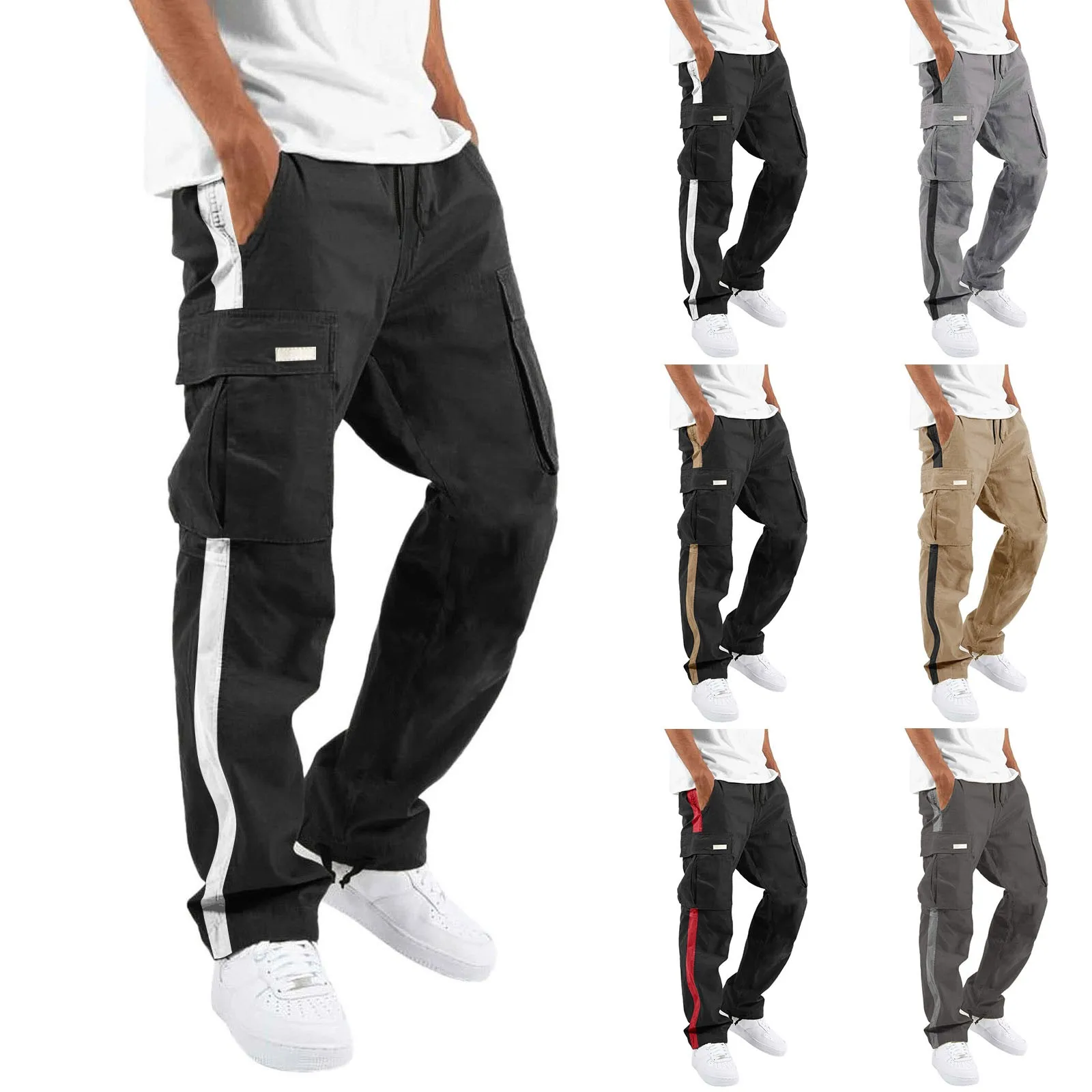 

Men's Four Seasons Street Leisure Sports Multi Pocket Foot Mouth Cap Rope Waist Lace Up Patchwork Ribbon Standard Woven Cargo