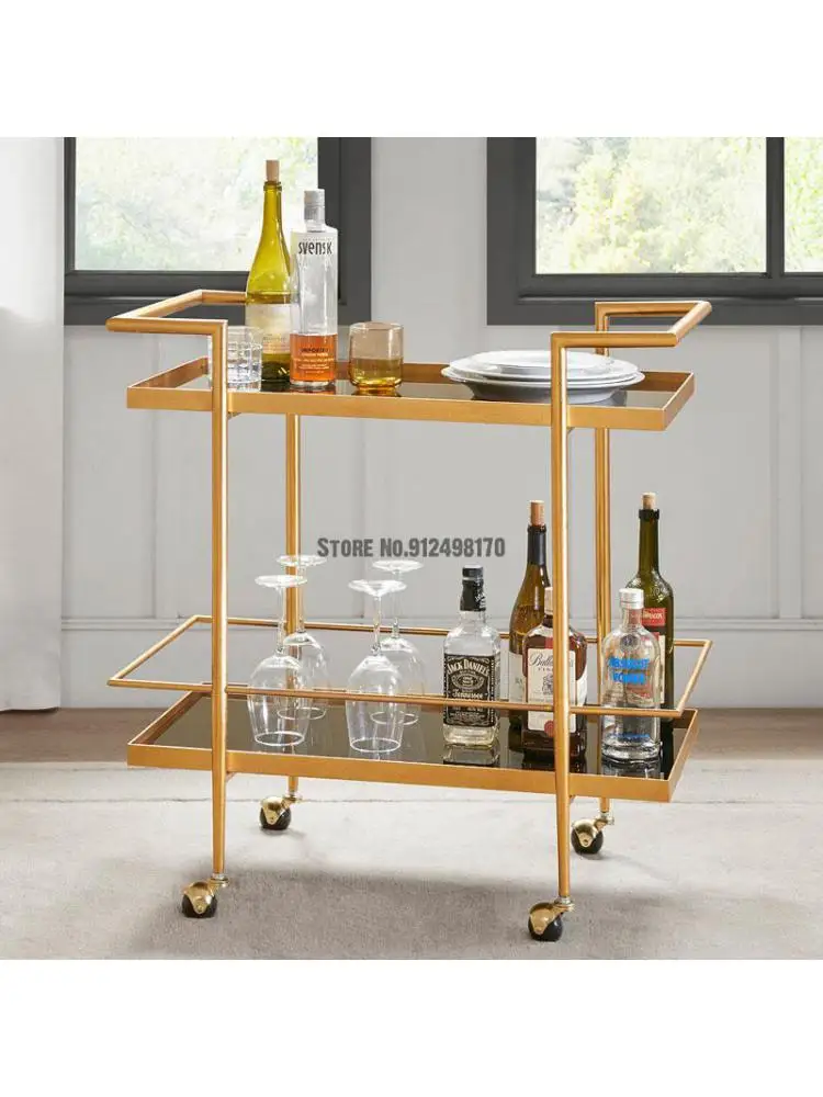 Nordic golden wrought iron dining car two-layer red wine and beverage racks metal storage hot pot shop mobile cart