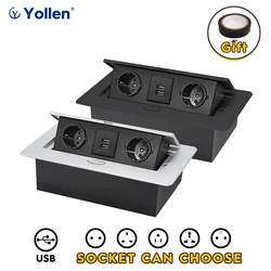 Aluminum Panel EU Standard Hidden Type Table Socket 2/3 Outlet USB-A/USB-C/FR/IL/Universal White Office Kitchen Cabinet Desktop