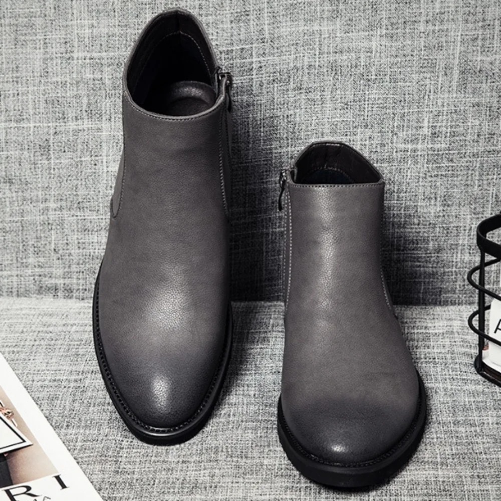 Spring Fashion Leather Men's Boots Convenient Zip Pointed Toe Business Dress Boots Shoes for Men Ankle