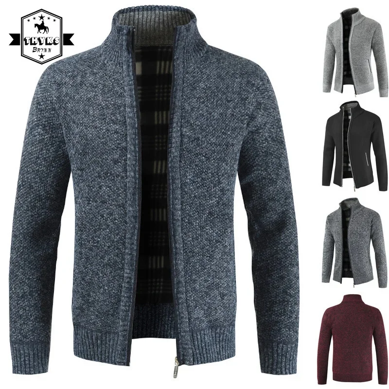 

Slim Fit Warm Zipper Knit Cardigan Mens Casual Stand Collar Fashion Simple Business Sweater Male Solid Loose Long Sleeved Coat