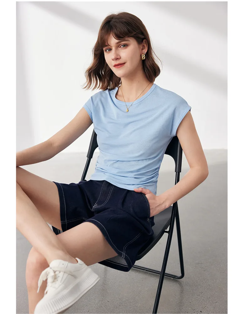 

Summer Mulberry Silk Wool T-shirt Women Side Folds Short Sleeve Slim Waist Soft Knit Tops