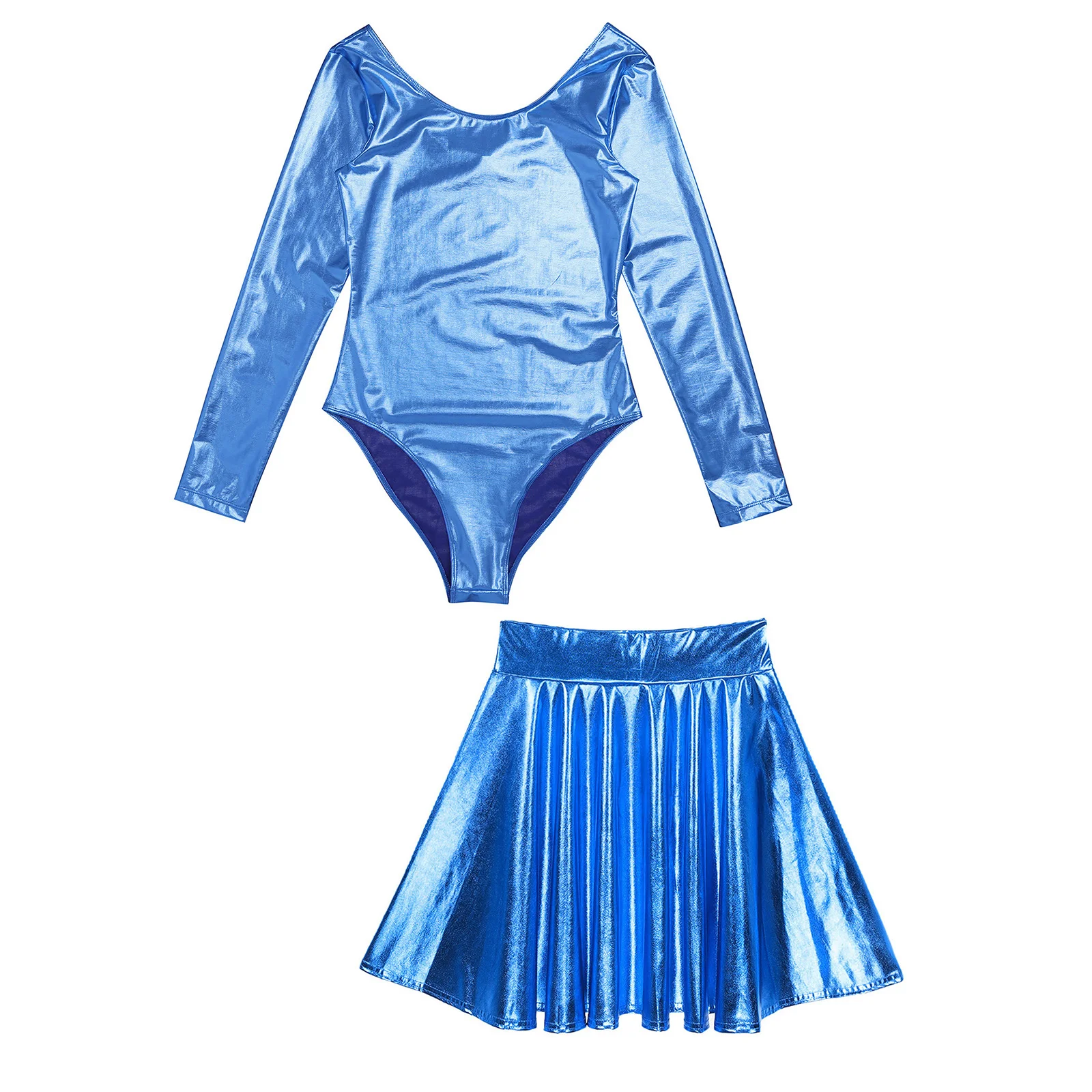 Damen glänzend metallisch Langarm Rundhals Trikot mit hoher Taille Flare Rock Party Musik Festival Tanz Performance Clubwear – Detail 33