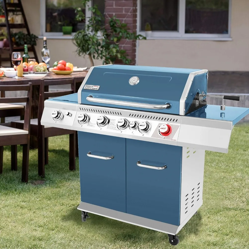 5-Burner BBQ Cabinet Style Propane Gas Grill with Rotisserie Kit Sear Burner Rear Burner and Side 74,000 BTU Patio Picnic