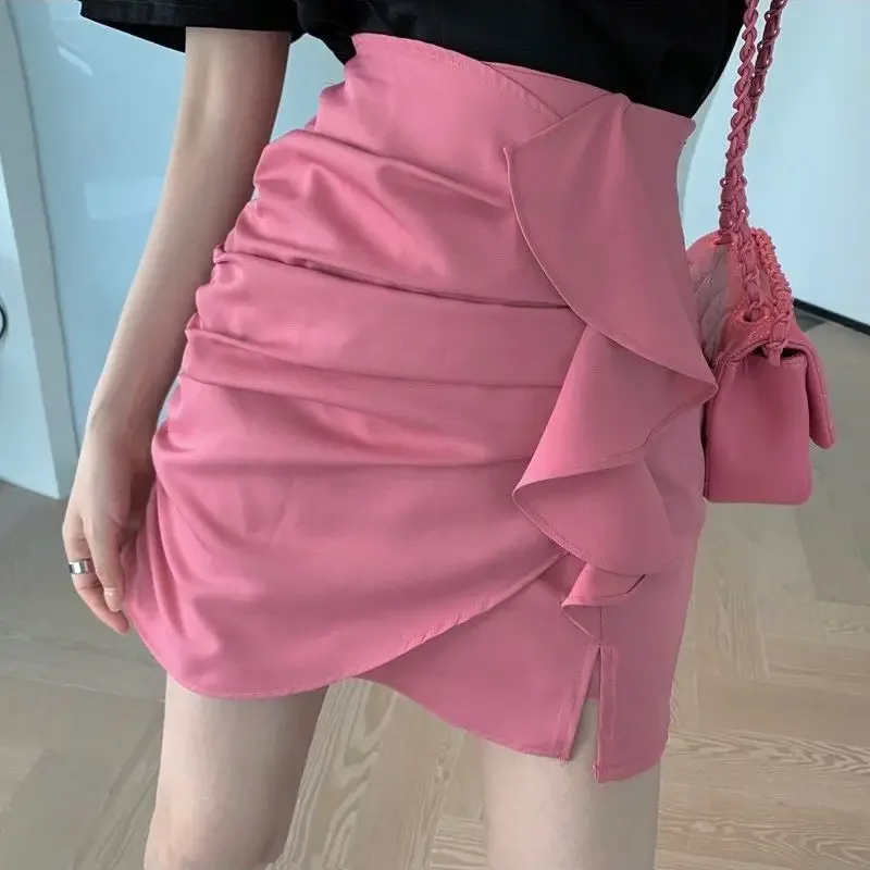 

Korean Fashion Ruffles Asymmetrical Folds Splic Mini Skirts Summer New Elegant Office Lady Commute All-match Bag Hip Skirt V109