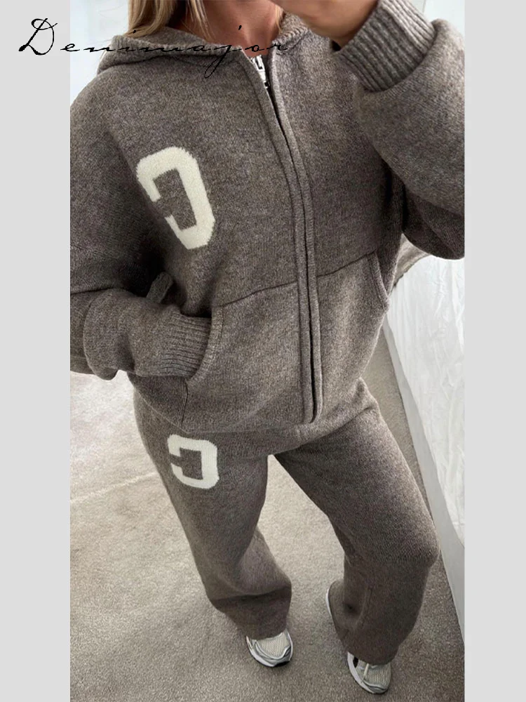 Ensemble Cardigan et pantalon en tricot pour femmes, décontracté, capuche, fermeture éclair, manches longues, manteau ample, pantalon droit, mode dame, costume 2 pièces, automne 2025 - AliExpress