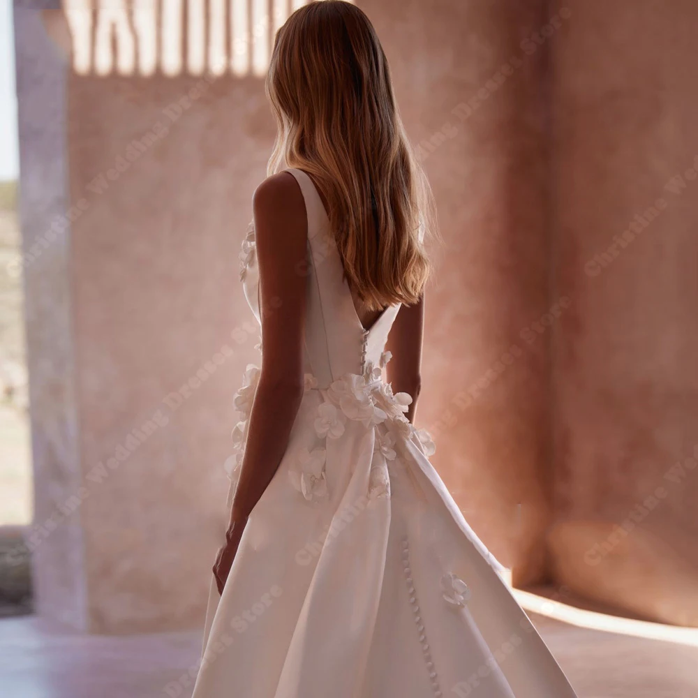 2024 Satin Wedding Dresses For Women 3D Flowers Sleeveless A-Line Bridal Gowns Simple Court Train Vestidos De Novias Customized 4