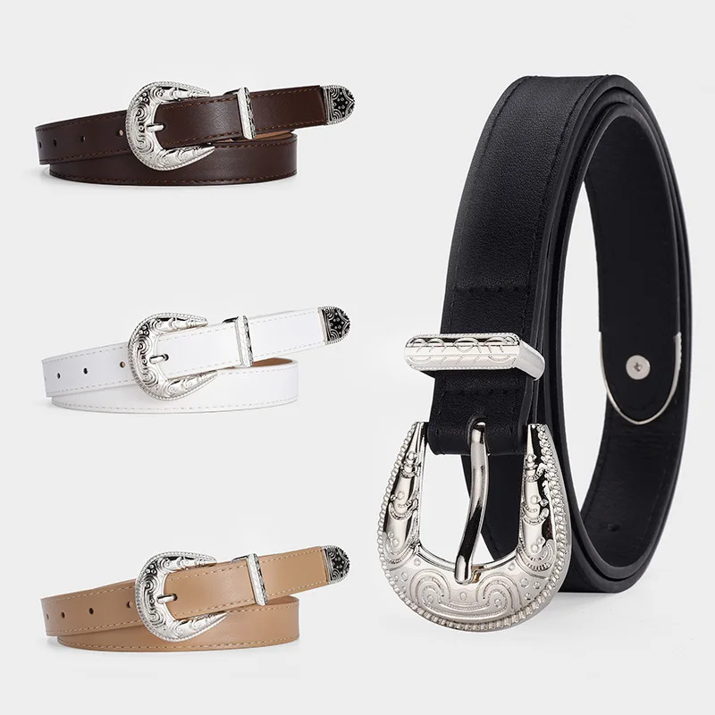 

Online celebrity Fashion Ladies Premium Pu Belt Vintage Silver Buckle Sculpted Simple Waistband All Jeans Suit Accessories Belt