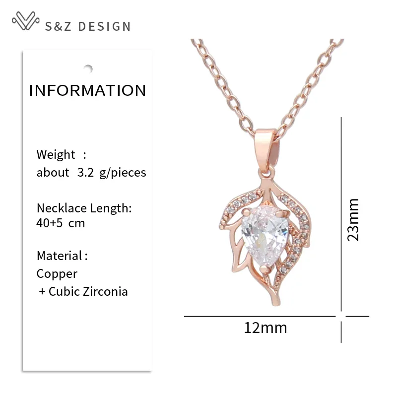 S&Z DESIGN New Fashion Hollow Out Leaf Pendant Necklace For Women Trendy 585 Rose Gold Color Cubic Zirconia Jewelry Gift