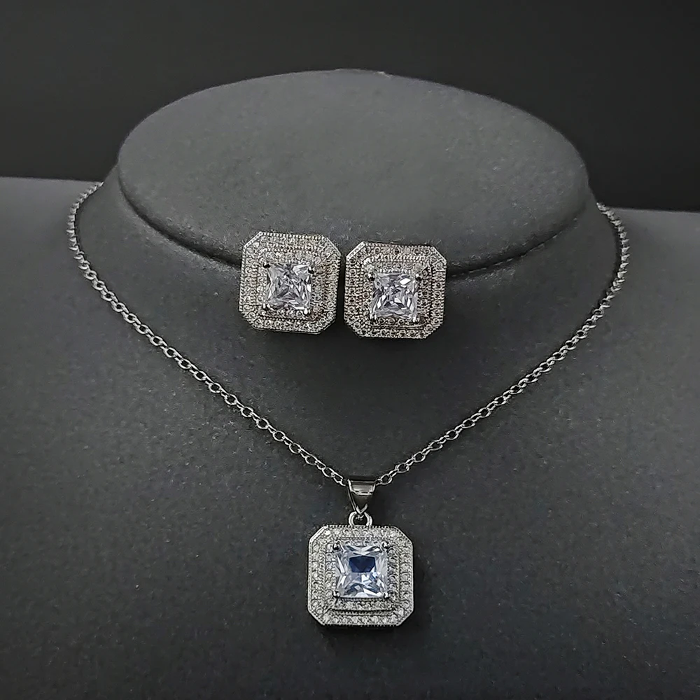 Pink Silver Color India Dubai Jewelry Set Princess Cut Zircon Stud Earrings and Necklace Pendant Wedding Gifts J1400