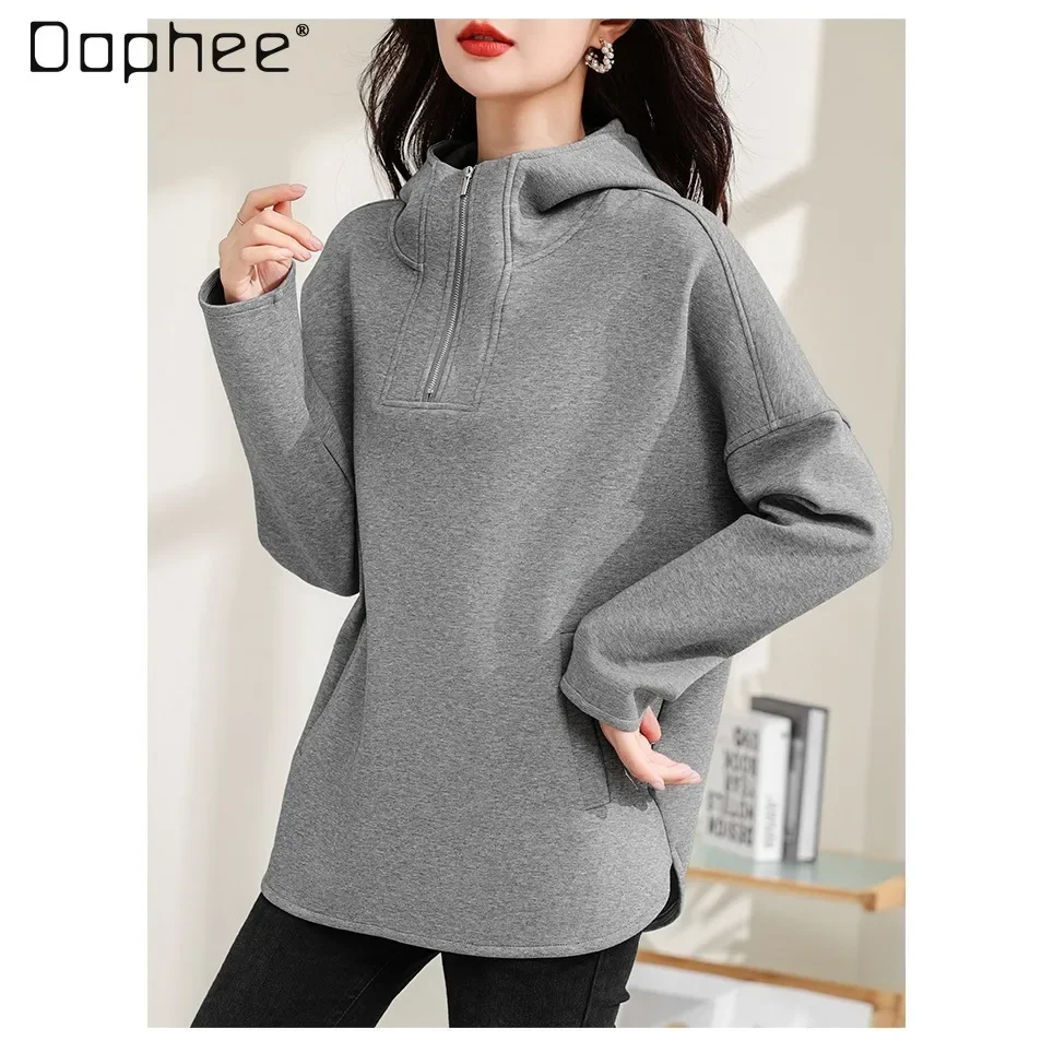 Casual Gray Space Cotton Half Zipper Hooded Sweatshirt Coat Women 2024 Spring and Autumn New European Loose Hoodies Top Woman хаб ugreen cm195 70411 space gray