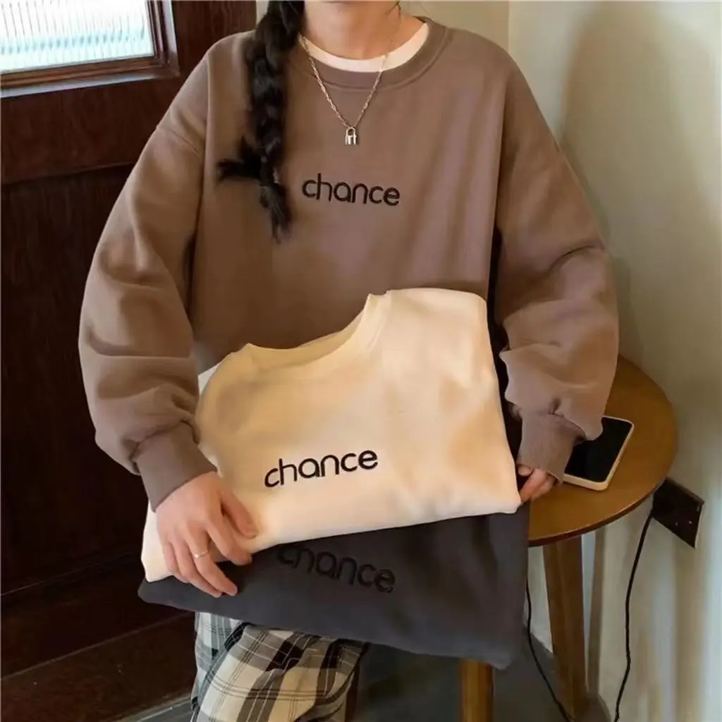 Korea Hoodies Pullover Women Vestidos Autumn O-Neck Long Sleeve Tops Vintage BF Sweatshirts Pull Femme
